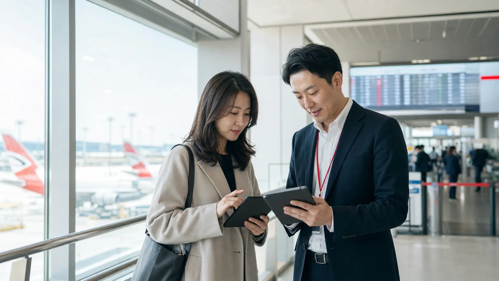 旅客与航空数字产品经理在上海机场共同查看智能体生成的行程和服务节点,强调订票、选座和值机的一体化执行。