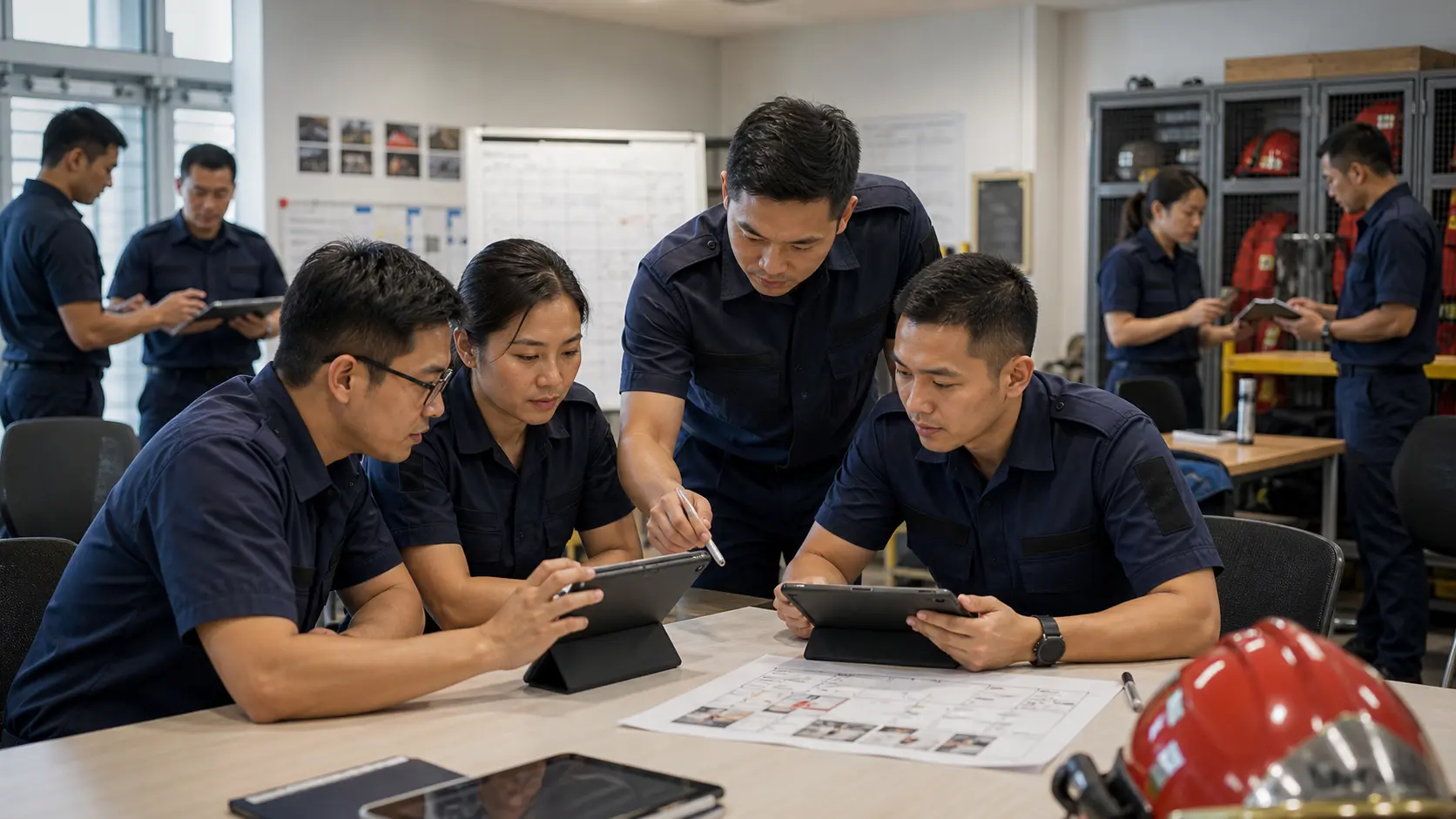 新加坡应急服务人员在训练室与数字化团队共同测试内部流程应用和对话式代理，强调一线采用。