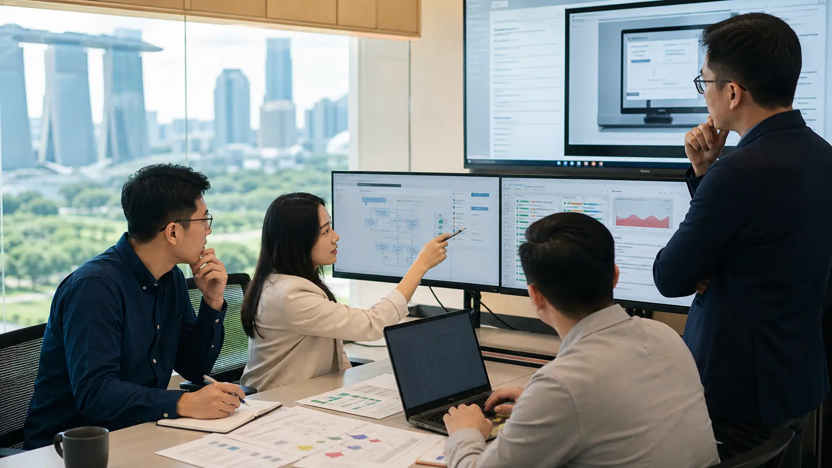 新加坡公共部门与治理团队在评估室审查 computer-use agents 从沙盒进入试点的边界，画面有流程节点、风险灯号与人工接管。