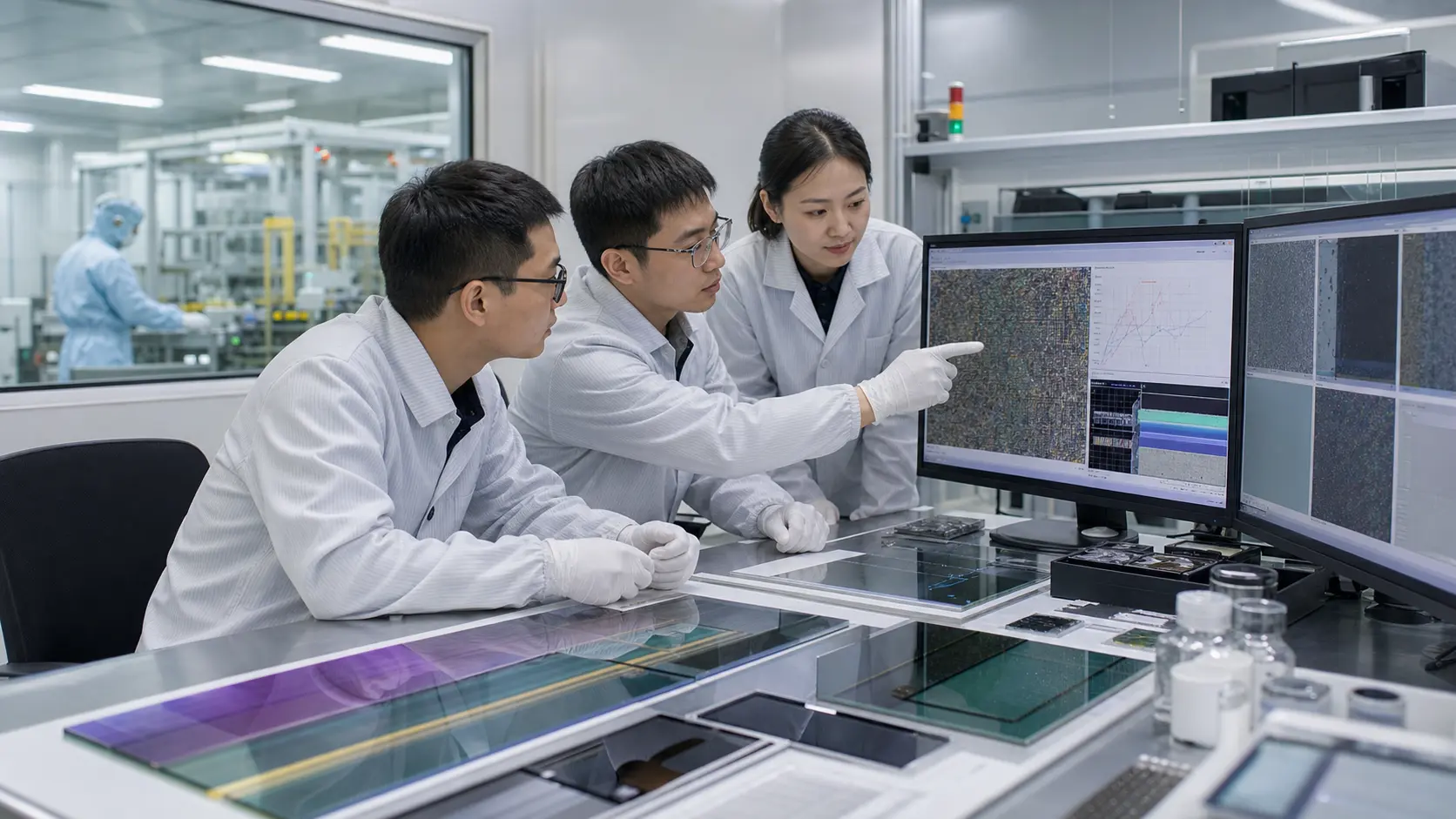 显示面板研发工程师在洁净车间外的分析室查看材料实验结果和产品问题解析界面，强调制造业垂直模型。