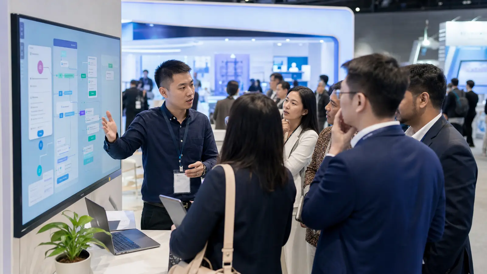 产品经理在中国云厂商演示区向东南亚客户展示智能体工作流,背景是展台和团队讨论,强调产品化落地。
