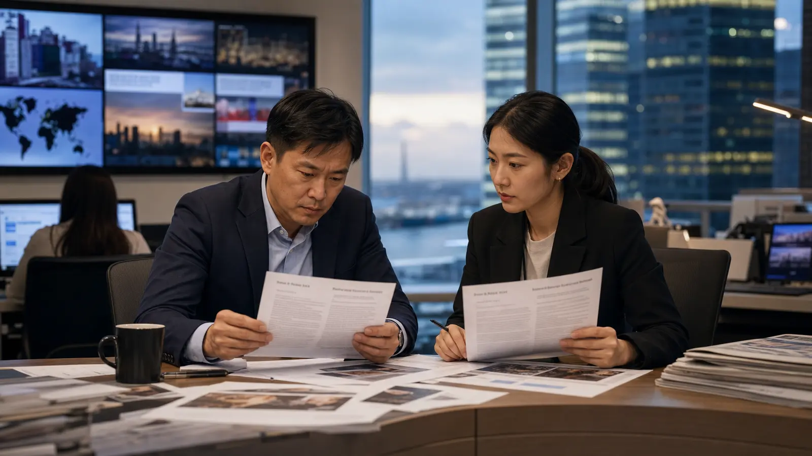 政策研究员在新加坡办公室对照中美官方声明,窗外有城市港口光线,强调外交表述而非握手宣传。