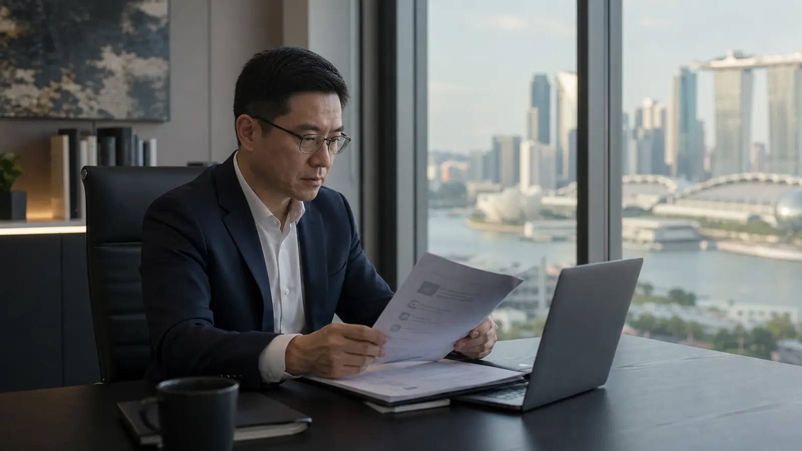 企业合规负责人在新加坡办公室窗前审阅模型访问许可文件,远处可见滨海湾天际线,强调跨境权限与供应连续性。
