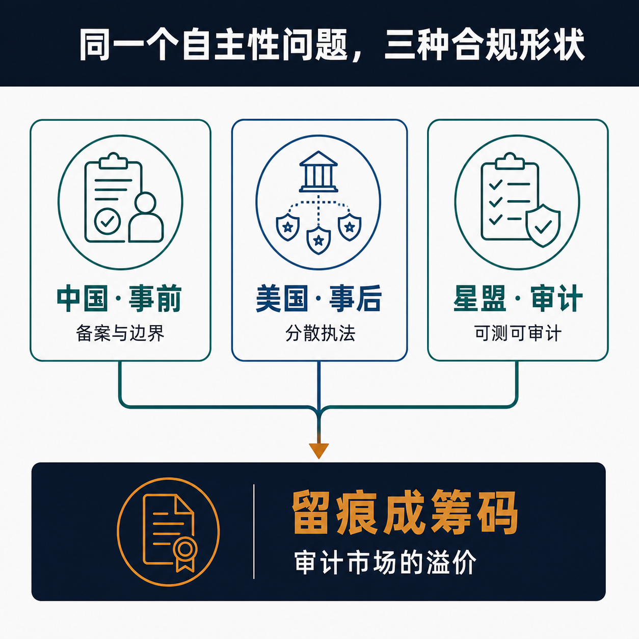 三列对照框架图,中国事前备案、美国事后追责、新加坡与ASEAN测试审计并置,末列以「留痕成筹码」作为结论。