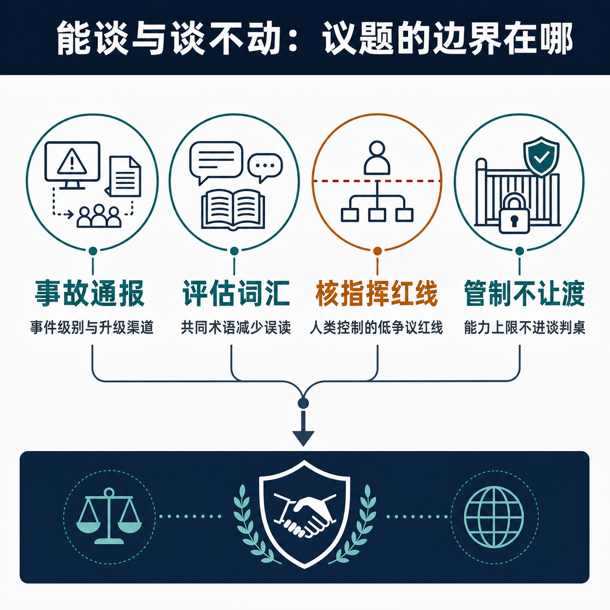 框架图:左侧三类可谈议题(事故通报、评估词汇、核指挥红线)指向一个共同条件——降低共同风险但不交出能力上限;右侧的判定结论是出口管制不在对话可让渡范围。