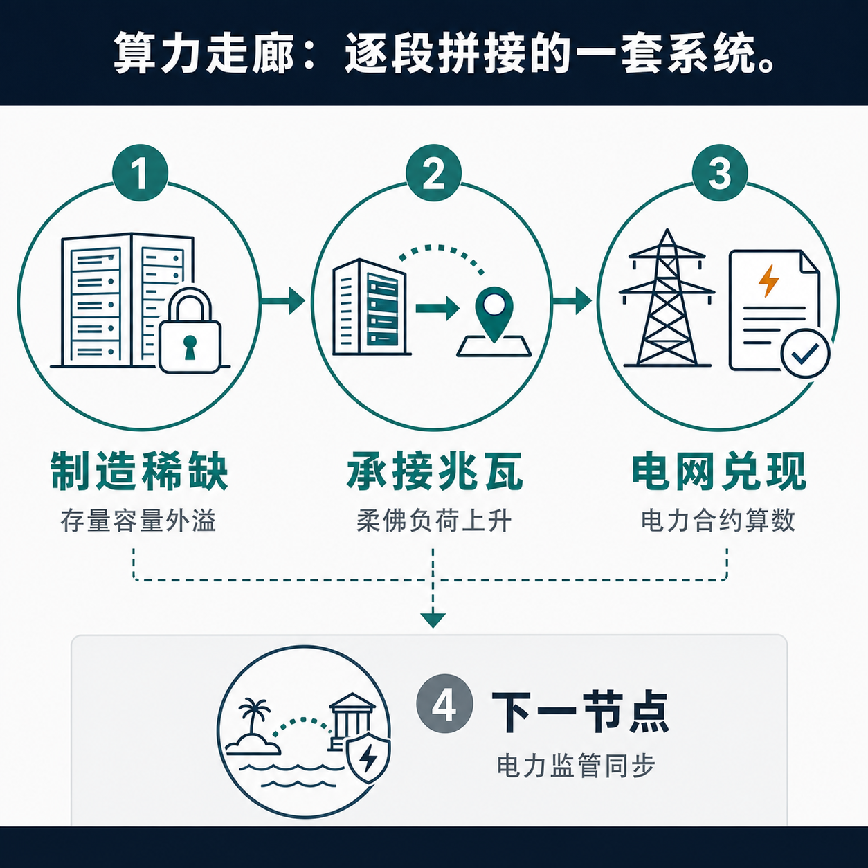 四段箭头框架图：新加坡制造稀缺、柔佛承接兆瓦、电网与绿电决定兑现、巴淡民丹为待定的下一节点。