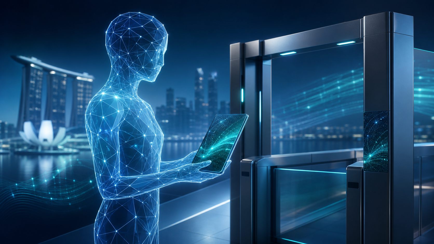 一个发光的 AI 智能体在放行闸口前托举数字权限护照,象征身份、范围与放行的治理机制