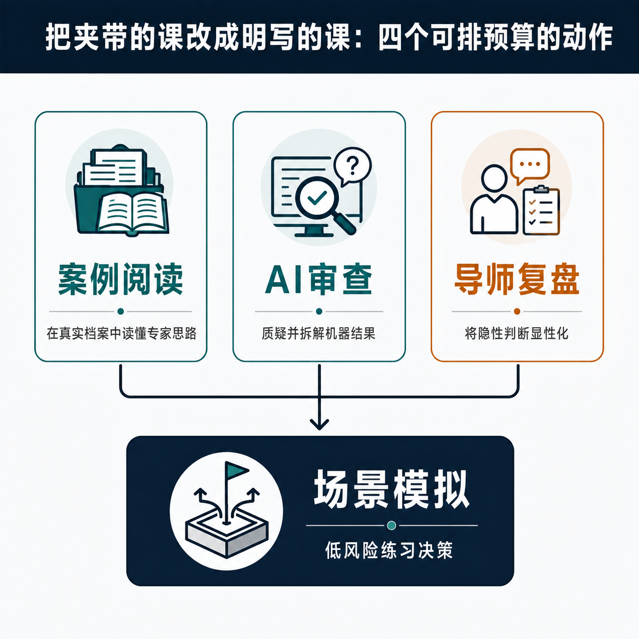认知学徒制落到今天团队的四个具体动作——案例阅读、AI输出审查、导师复盘、客户场景模拟——依次排列，末尾指向一个可观察的触发信号。
