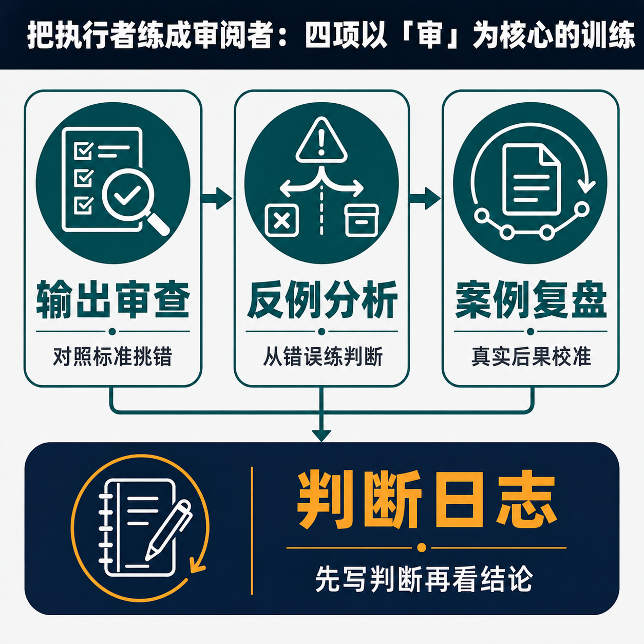 四项训练组成的框架图：AI 输出审查、反例分析、真实客户案例复盘、独立判断日志，箭头指向重新装回的「独立判断—反馈—纠错」闭环，其中独立判断日志被标为基石。